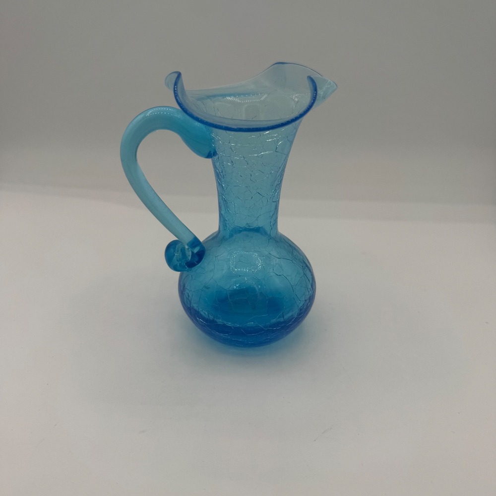 Vintage Turquoise Blue Crackle Glass Mini Pitcher Ruffled Rim Hand Blown Vase
